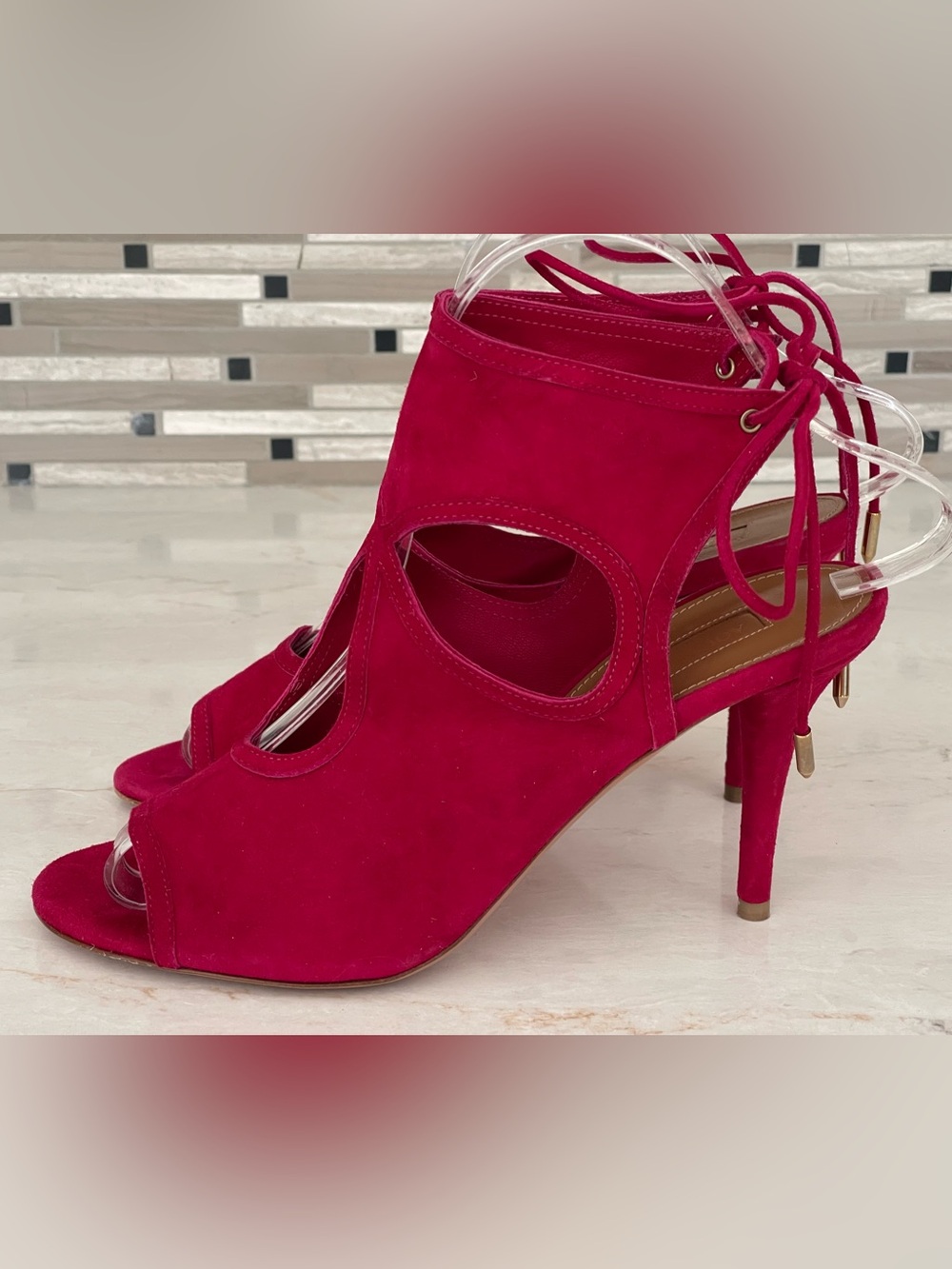 AQUAZURRA 'Sexy Thing' Peep Toe Heeled Sandals in Raspberry, NWOT Size 38/7.5